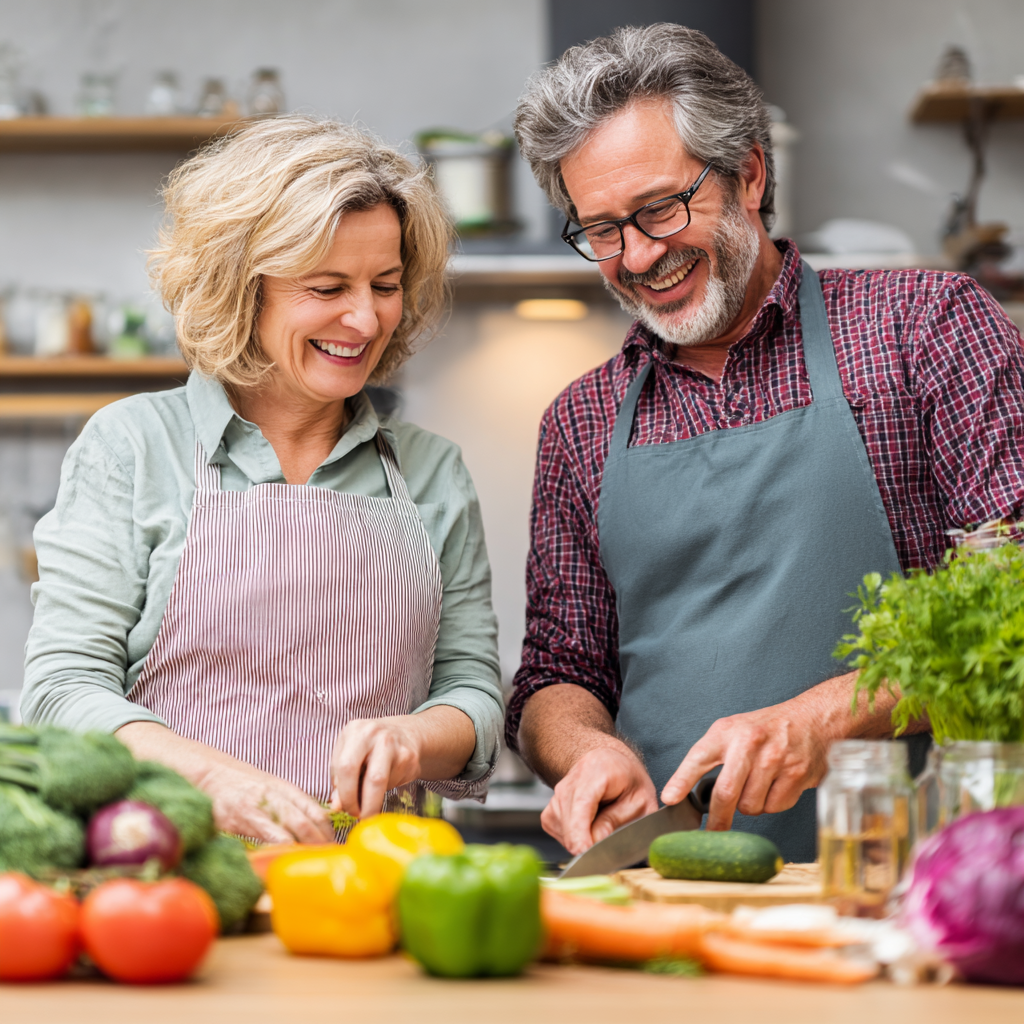 Middle-aged couple in their 50s cooking together in bright kitchen, both wearing aprons and smiling while preparing fresh vegetables, displaying healthy lifestyle and partnership in nutrition planning