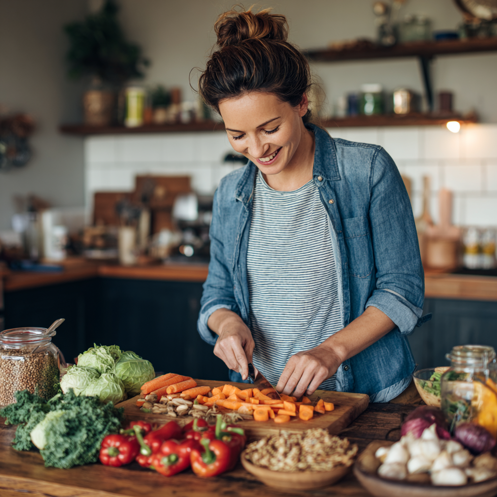 Professional woman in her 40s preparing healthy meal ingredients in modern kitchen, wearing casual clothing and smiling while organizing colorful vegetables and whole grains on wooden cutting board